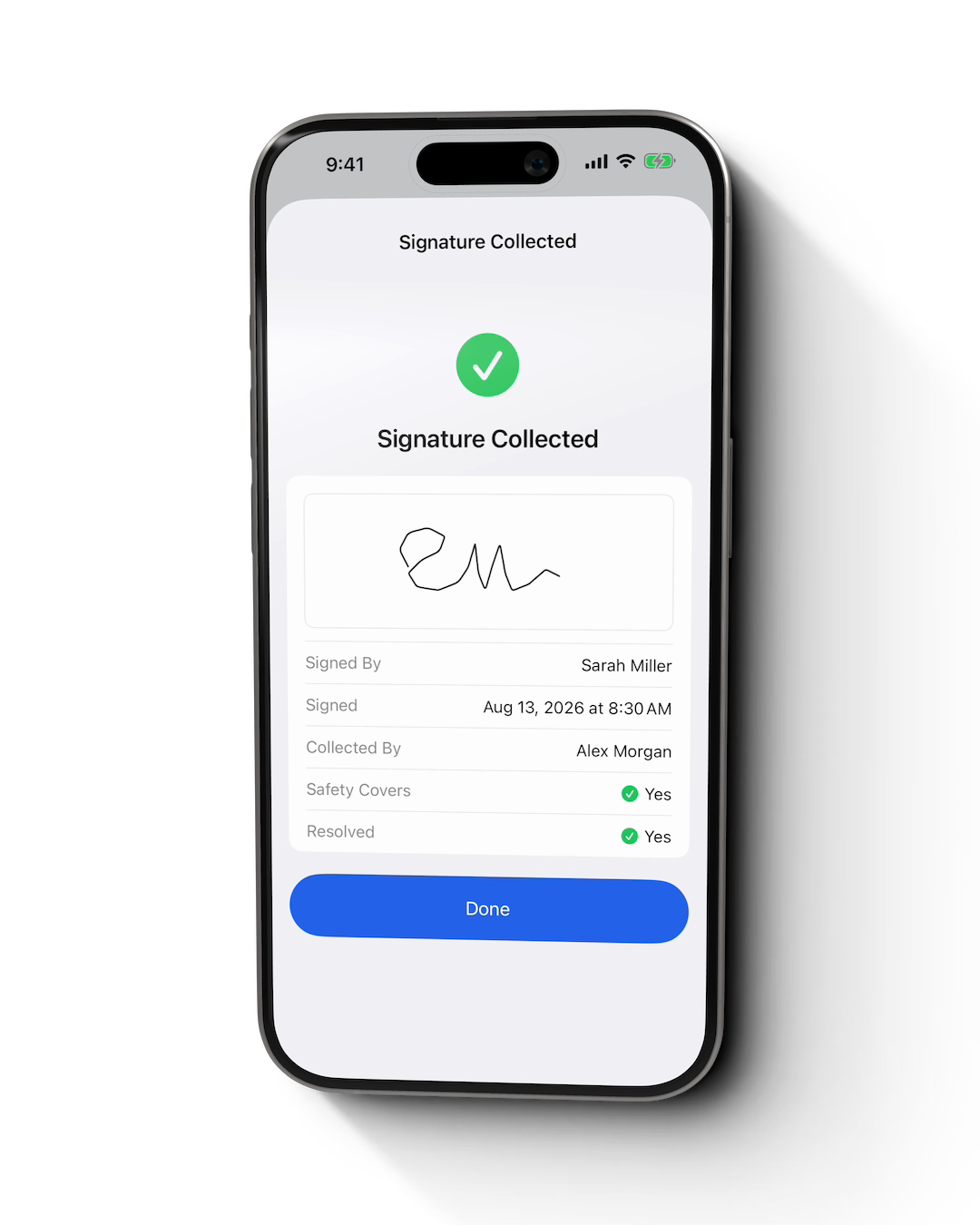 Completed on-device signature receipt